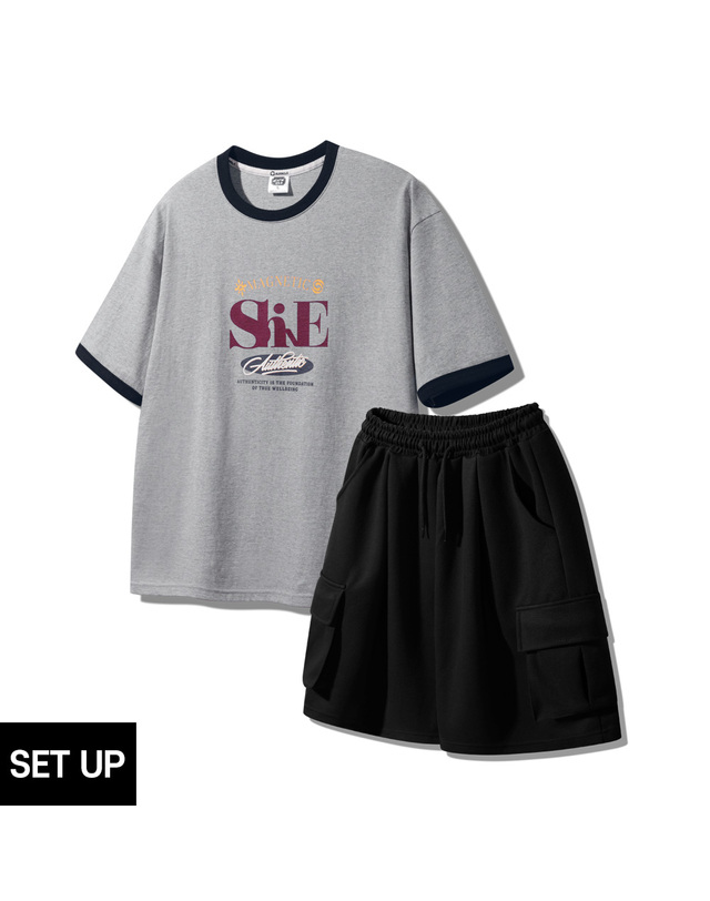 앨빈클로 [SET] 앨빈클로 SHINE 링거 오버핏 반팔티 원턱 카고 와이드 밴딩 반바지 셋업 착용컷