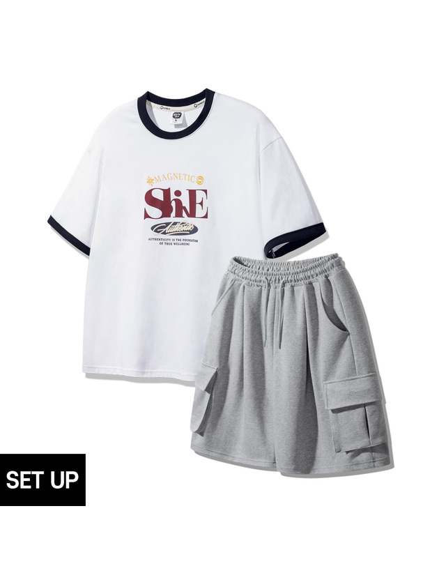 앨빈클로 [SET] 앨빈클로 SHINE 링거 오버핏 반팔티 원턱 카고 와이드 밴딩 반바지 셋업 착용컷
