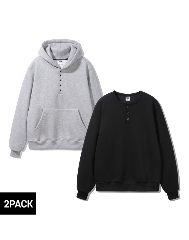 앨빈클로 [2PACK][기모] 앨빈클로 베이직 헨리넥 후드티 맨투맨 2종 패키지 착용컷