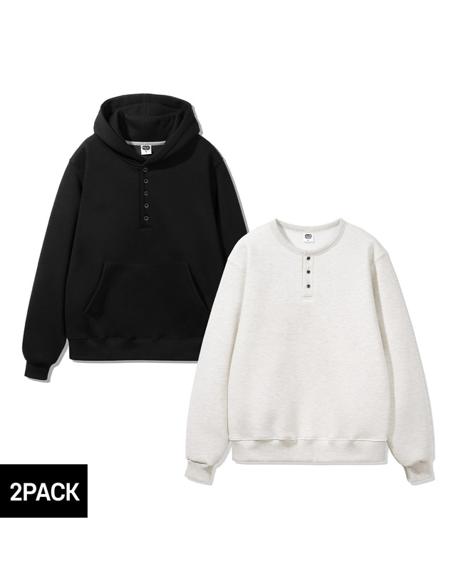앨빈클로 [2PACK][기모] 앨빈클로 베이직 헨리넥 후드티 맨투맨 2종 패키지 착용컷