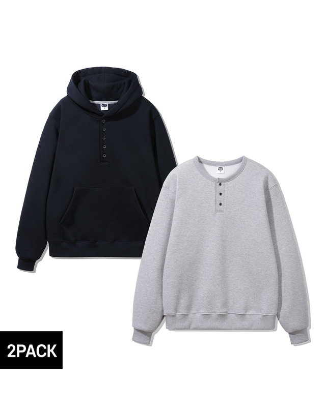 앨빈클로 [2PACK][기모] 앨빈클로 베이직 헨리넥 후드티 맨투맨 2종 패키지 착용컷