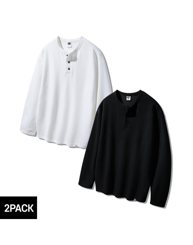 앨빈클로 [2PACK] 앨빈클로 3버튼 헨리넥 루즈핏 긴팔티 2종 패키지 착용컷