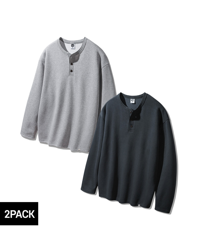 앨빈클로 [2PACK] 앨빈클로 3버튼 헨리넥 루즈핏 긴팔티 2종 패키지 착용컷