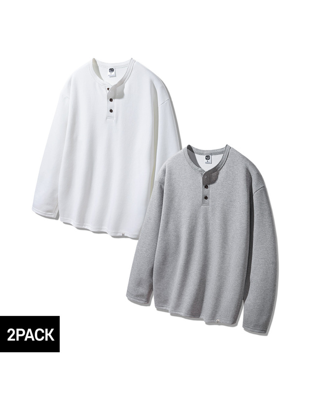 앨빈클로 [2PACK] 앨빈클로 3버튼 헨리넥 루즈핏 긴팔티 2종 패키지 착용컷