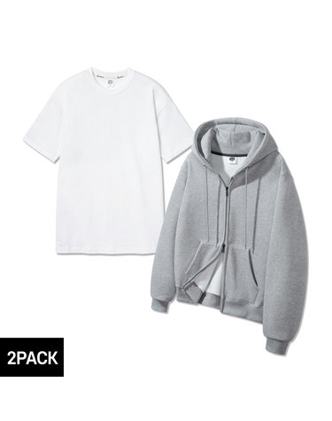 [2PACK] 앨빈클로 무지 레귤러핏 투웨이 후드집업 레이어드 롱 반팔 티셔츠 패키지