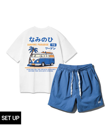 [SET] 앨빈클로 CAMPER VAN 반팔티셔츠 스트링 포인트 우븐 반바지 셋업