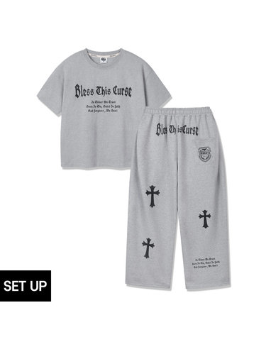 [SET] 앨빈클로 BLESS 크롭핏 반팔티셔츠 원턱 와이드 트레이닝 바지 셋업