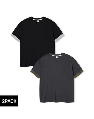 [2PACK] 앨빈클로 무지 소매배색 롤업 세미크롭 반팔티 2종 패키지