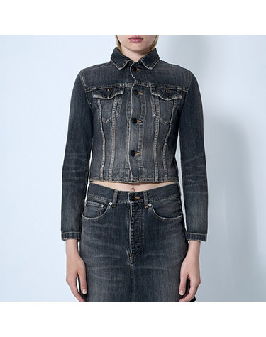 [해외직구] 26 FW 발렌시아가 백 레이스업 워싱 코튼 크롭 데님 자켓 다크그레이 831697 TSW67 1441