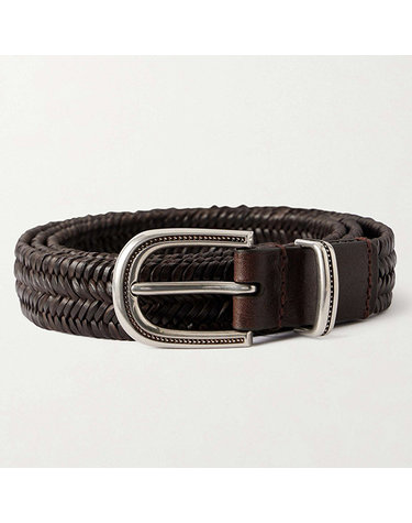 [해외직구] 26 FW 브루넬로 쿠치넬리 다크 브라운 20mm 우븐 레더 버클 벨트