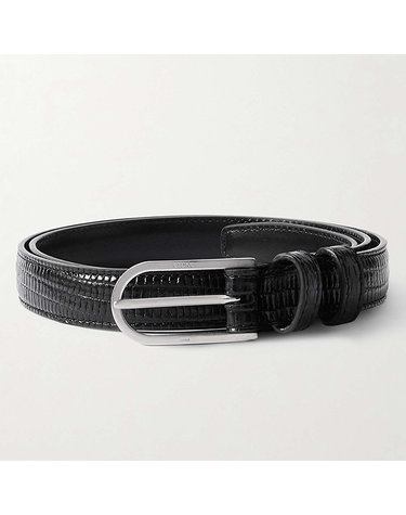 [해외직구] 26 FW 셀린느 블랙 20mm 리자드 이펙트 카프레더 실보턴 버클 패스닝 벨트