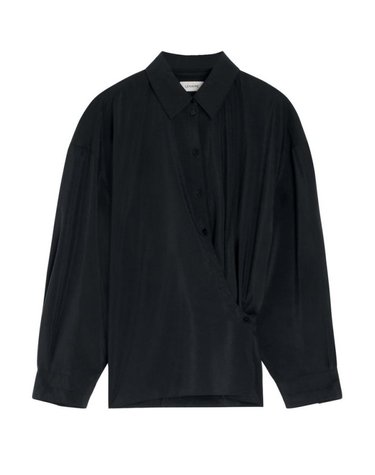 [해외직구] 26 FW 클래식 칼라 어시메트릭 트위스트 워랩 실크 블랜드 셔츠 블랙