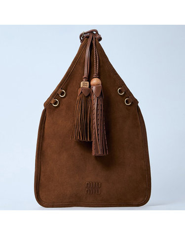 [해외직구] 26 FW 미우미우 Tassels 태슬 스트랩 아플리케 스웨이드 토트백 브라운 5BA295 2CSS F0316