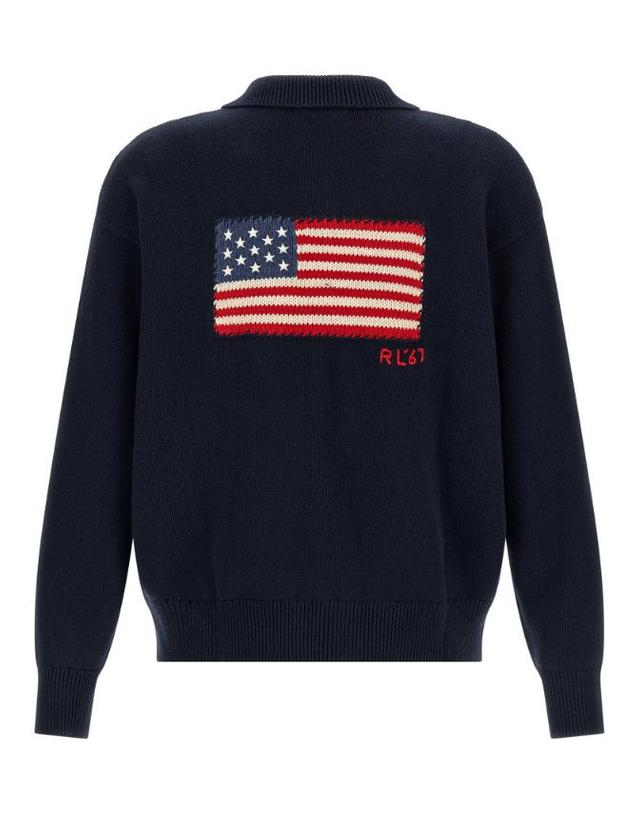 폴로 랄프로렌 [해외직구] 26FW 폴로 랄프 로렌 블루 스웨터 with 폴로 칼라 앤 American flag 자수 on the back in 코튼 for 맨 710B20258001 TP578267052 착용컷