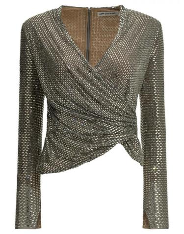 [해외직구] 26FW 셀프 포트레이트 Wrap 컷, 롱 슬리브  메쉬 디자인, silver 라인스톤 embellishment  Back 집 클로저  AW26154TGRGREY TP582151863
