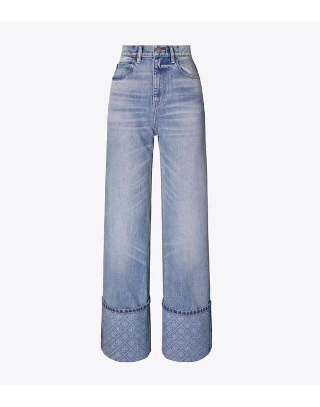 토리버치 [해외직구] 26FW 토리 버치 블루 데님 with vintage wash 스트레이트 레그, 와이드 프린트 hem Visible stitching 181708414 TP577876808 착용컷