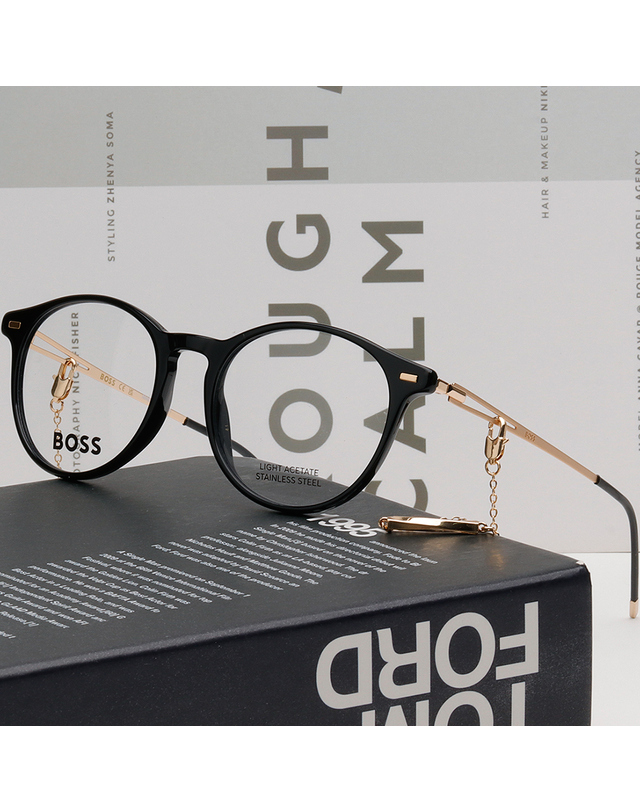 보스 휴고 보스 안경테 BOSS1458 807 명품 블랙 뿔테 라운드 가벼운 체인 팬던트 패션 착용컷