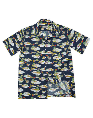 Cotton Seersucker Hawaiian Shirts (Navy)