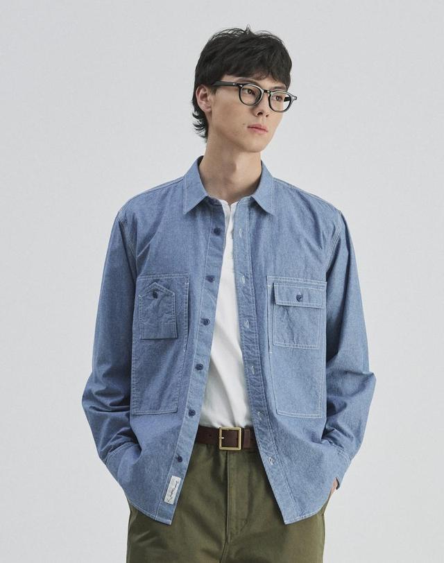 건지울른스 건지울른스 샴브레이 워크 셔츠 5.5oz - 퓨어 블루 착용컷