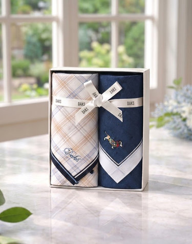 [DAKS GIFT]블루 화이트 체크 패턴 면 손수건 2종세트