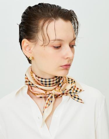 [DAKS GIFT][SILK100%]베이지 체인프린트 쁘띠 삼각스카프&링 세트