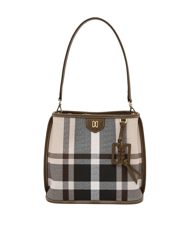 닥스 액세서리 [TARTAN] 타탄 체크 라이트 토페 가죽 토트백 베이지 착용컷
