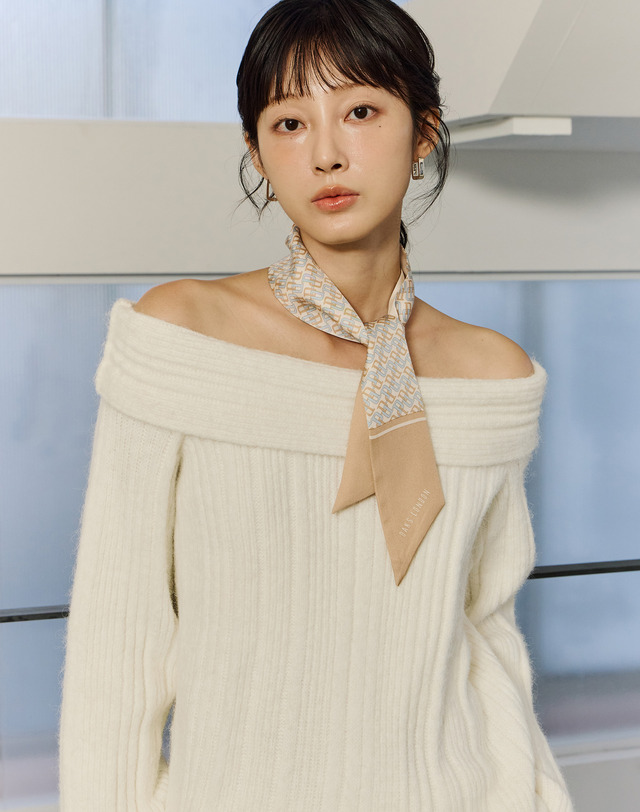 닥스 액세서리 베이지 DD로고 실크 스카프 트윌리 착용컷