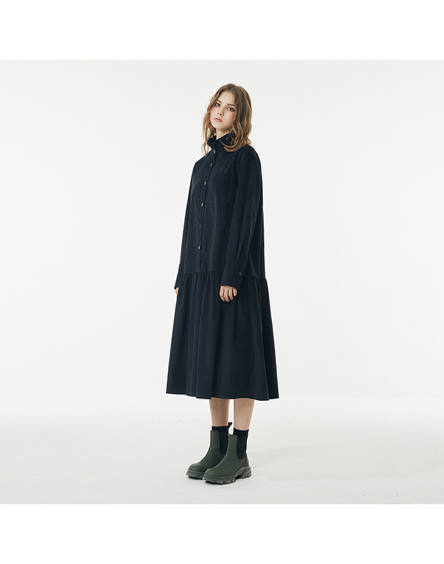 보연 코듀로이 벨티드 원피스 네이비 705 착용컷