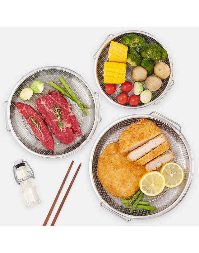 리본제이 올스텐 핸들형 채반 접시 세트 (19cm/22cm/24cm) / 메쉬트레이 튀김망 트레이 접시 착용컷
