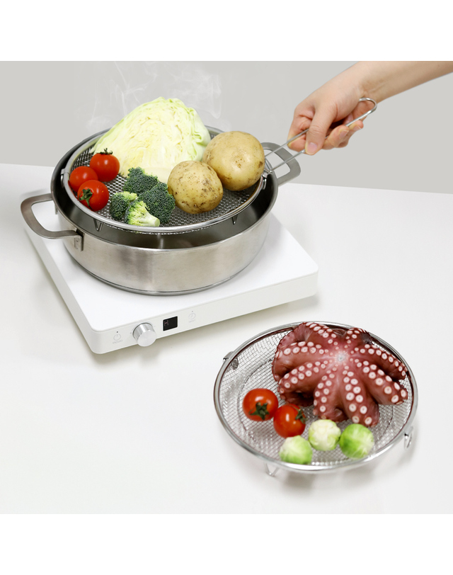 리본제이 304 스텐 채반 찜기 22cm (탈부착 손잡이 포함) / 원형 핸들 채반 야채 찜기 스티머 착용컷