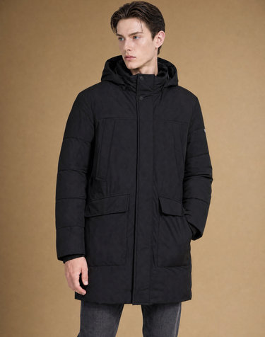 [ONLINE EXCLUSIVE] 블랙 탈착후드 중기장 다운 점퍼
