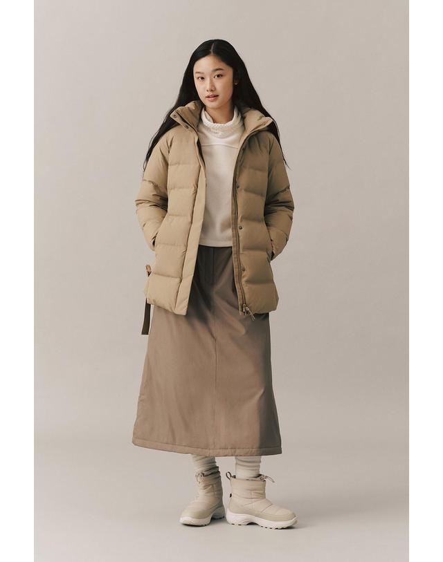 코오롱스포츠 [코오롱스포츠] 여성 쿠치 중기장 후드 미드 다운 재킷 TVJDW26612BEI 착용컷