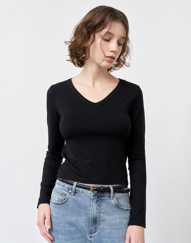 WOMAN 슬림 브이넥 롱 슬리브 티 [BLACK] / WBE1L01503