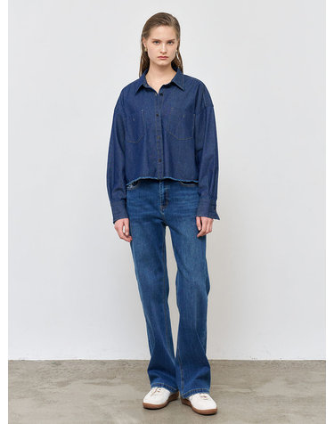 WOMAN 데님 워싱 세미 크롭 셔츠 [NAVY] / WBE1L03504