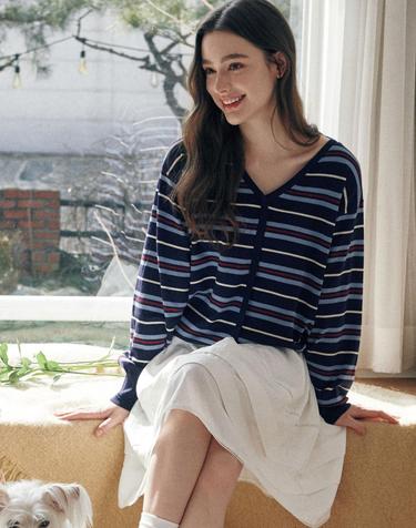 WOMAN 멀티 스트라이프 루즈 브이넥 풀오버 [3COL] / WBE2L05515
