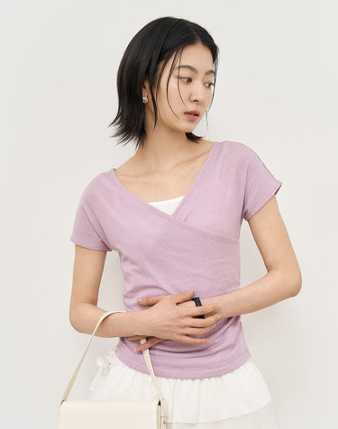 WOMAN 아세테이트 브이넥 셔링 반팔티 [VIOLET] / WBE2L01532