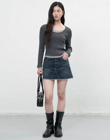 WOMAN 로우라이즈 컷팅 데님 미니스커트 [DARK BLUE] / WBE3L13504