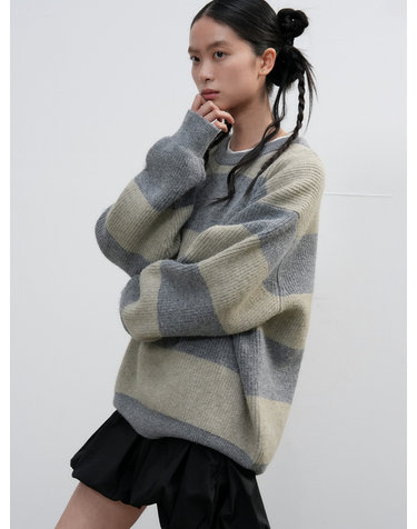 UNISEX 하찌 빅보더 니트 풀오버 [LIGHT KHAKI] / SBE3U05005-WOMAN