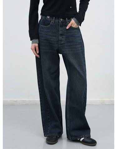 WOMAN 스냅 디테일 와이드 데님 팬츠 [NAVY] / WBE3L11508