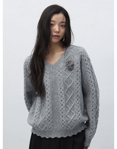 WOMAN 스캘럽 케이블 브이넥 풀오버 [GREY] / WBE4L05556
