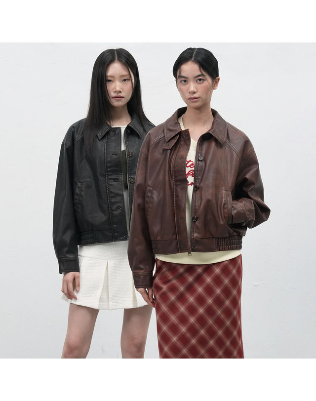 제너럴아이디어 제너럴 아이디어 WOMAN 빈티지 워싱 페이크 레더 블루종 [2COL] / WBE3L09514 착용컷