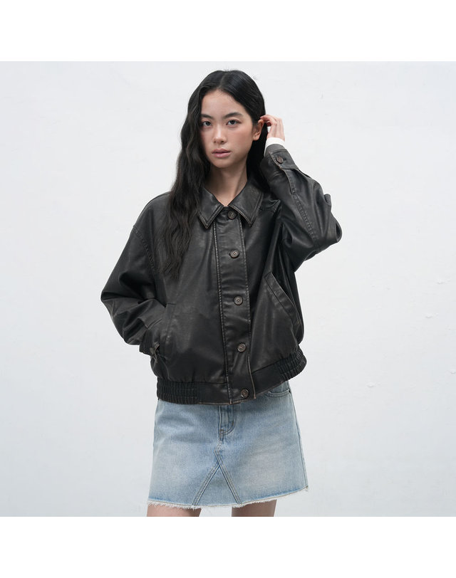 제너럴아이디어 제너럴 아이디어 WOMAN 빈티지 워싱 페이크 레더 블루종 [2COL] / WBE3L09514 착용컷