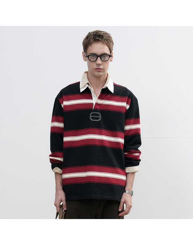 제너럴아이디어 제너럴 아이디어 UNISEX 클래식 볼드 스트라이프 럭비 티셔츠 [RED] / SBE3U01005-MAN 착용컷