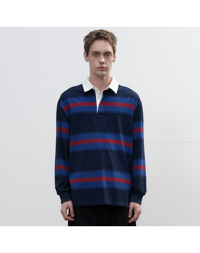 제너럴아이디어 제너럴 아이디어 UNISEX 클래식 볼드 스트라이프 럭비 티셔츠 [NAVY] / SBE3U01005-MAN 착용컷