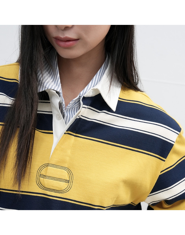 제너럴아이디어 제너럴 아이디어 UNISEX 클래식 볼드 스트라이프 럭비 티셔츠 [VINTAGE YELLOW] / SBE3U01005-WOMAN 착용컷
