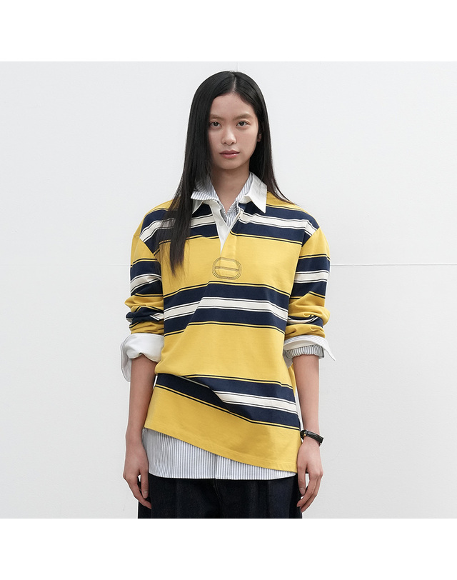 제너럴아이디어 제너럴 아이디어 UNISEX 클래식 볼드 스트라이프 럭비 티셔츠 [VINTAGE YELLOW] / SBE3U01005-WOMAN 착용컷