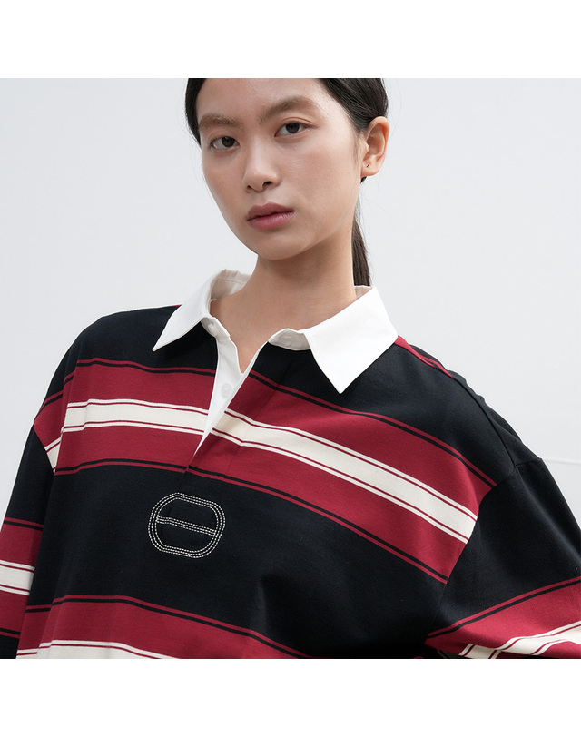 제너럴아이디어 제너럴 아이디어 UNISEX 클래식 볼드 스트라이프 럭비 티셔츠 [RED] / SBE3U01005-WOMAN 착용컷