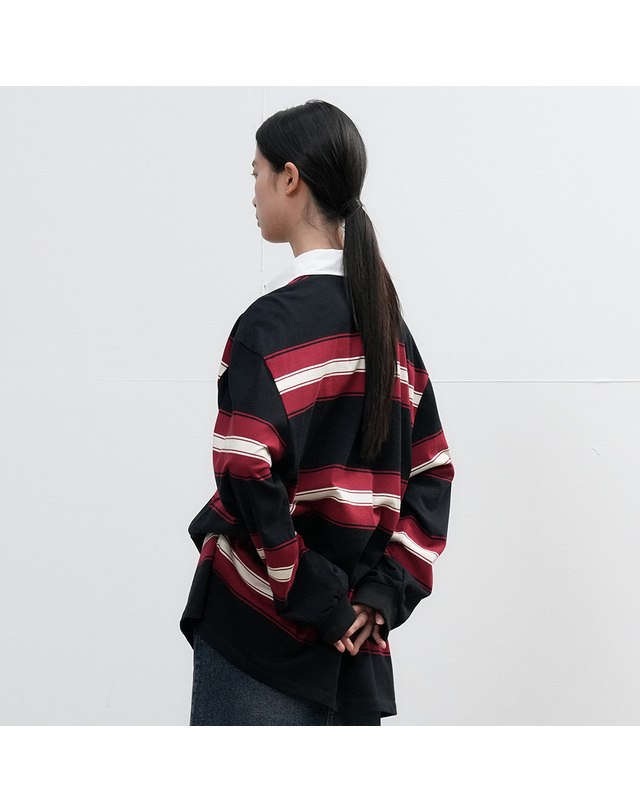 제너럴아이디어 제너럴 아이디어 UNISEX 클래식 볼드 스트라이프 럭비 티셔츠 [RED] / SBE3U01005-WOMAN 착용컷