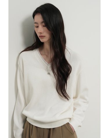 WOMAN 코튼 레이어드 브이넥 니트 풀오버 [WHITE] / GF1LKP506
