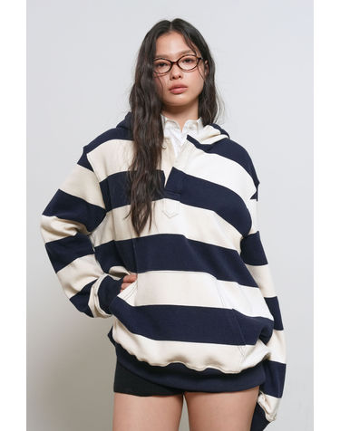 UNISEX 오픈 버튼 스트라이프 후드티 [NAVY] / GF1UTS002-WOMAN